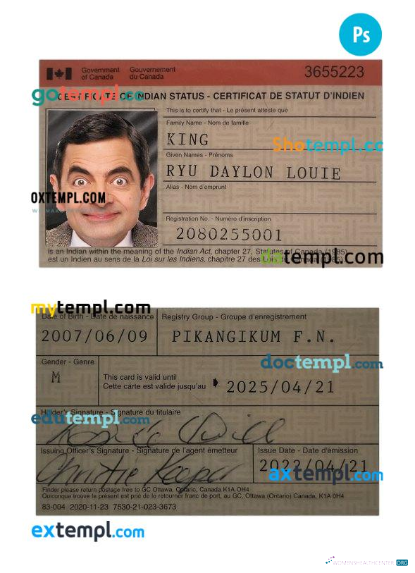 Download Canada certificate of Indian status Photoshop template